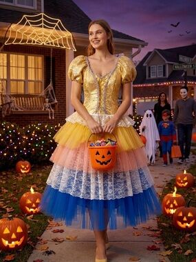 Curtain Call Costumes Yellow Corset Multi-Tier Pastel Tulle Dance Costume Sz 12A